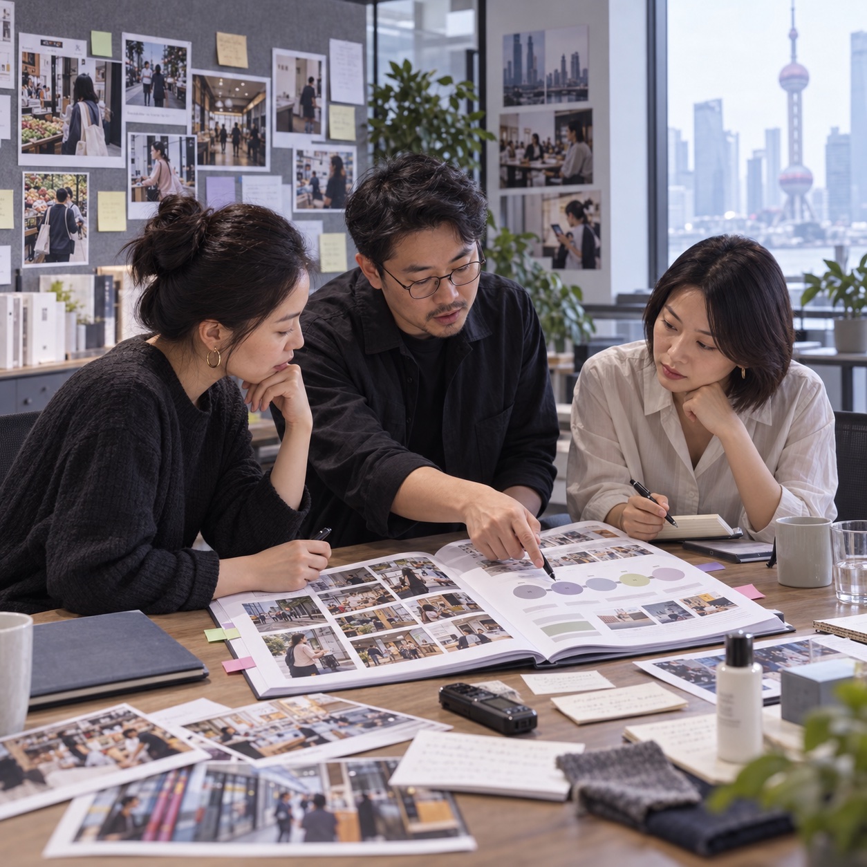 Chinese market researchers reviewing consumer observation photos, notes and an insights report