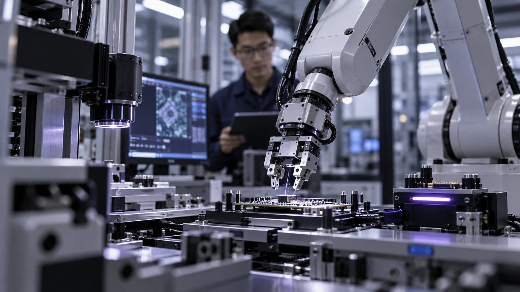 Robotic equipment inspecting an electronic component in a precision manufacturing facility